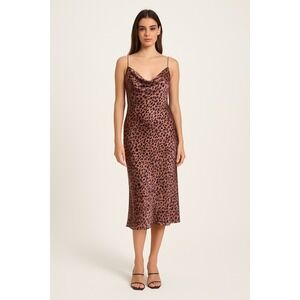 Y2K Rouss Womens Slip Dress‎ Size S Brown Leopard Satin Midi Cowl Neck 90s Indie